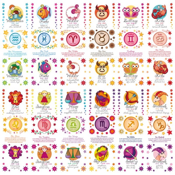 Transparent-Stickerbogen, Horoskope, 10cm x 30cm, 12 Bogen