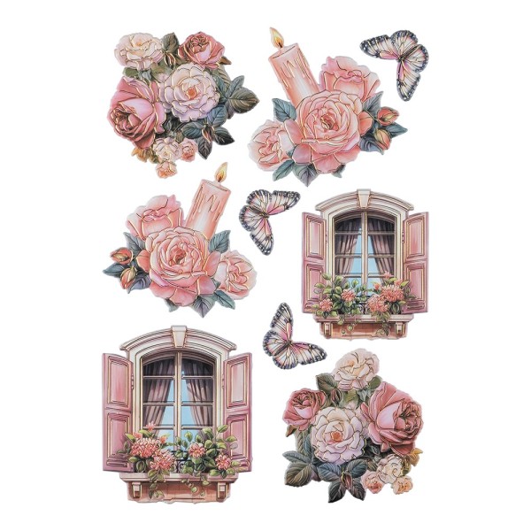 3-D Relief-Sticker, Fenster mit Blumen 1, Folienveredelung Hellgold, versch. Größen, selbstklebend