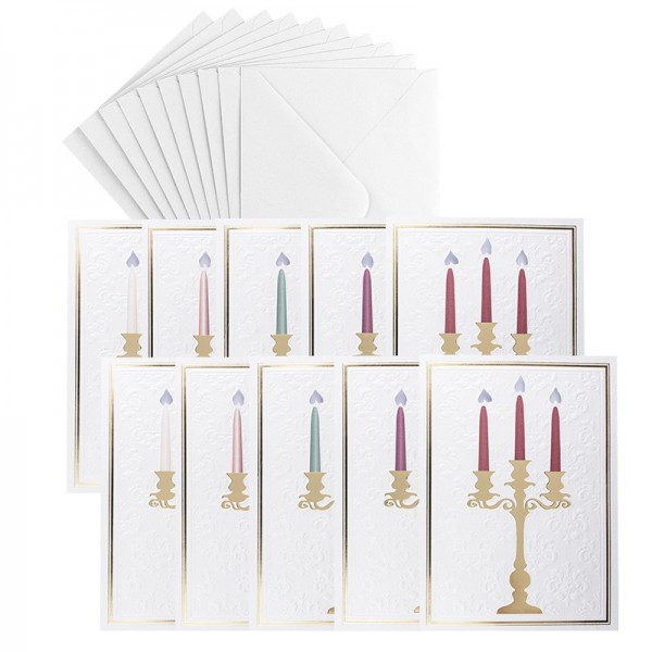 Grußkarten, Kerzenleuchter, geprägt & folienveredelt, naturweiß, B6, inkl. Umschläge, 10 Stück