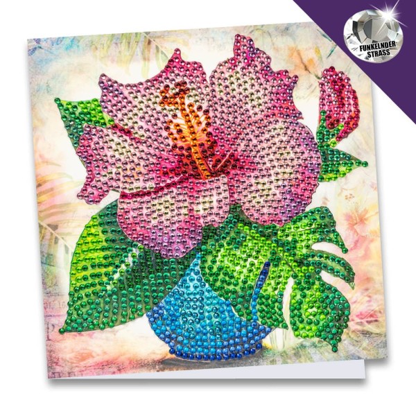 Diamond-Painting-Grußkarte, Strass, Hibiskus in Vase, 16cm x 16cm, inkl. Zubehör