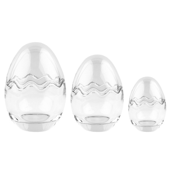 Glas-Eier, 2-teilig, 3 verschiedene Größen, abnehmbarer Deckel, klar, 3 Stück