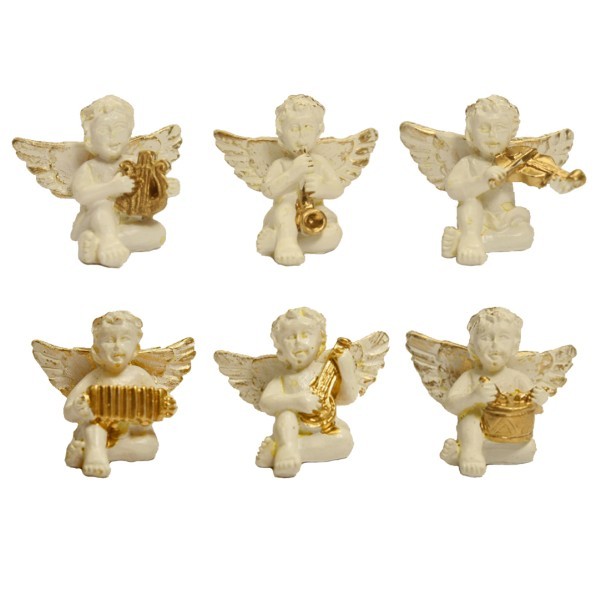 Deko-Engel mit Instrumenten, Steinharz, weiß-angegoldet, 3,2 x 2,8 cm, 6er Set