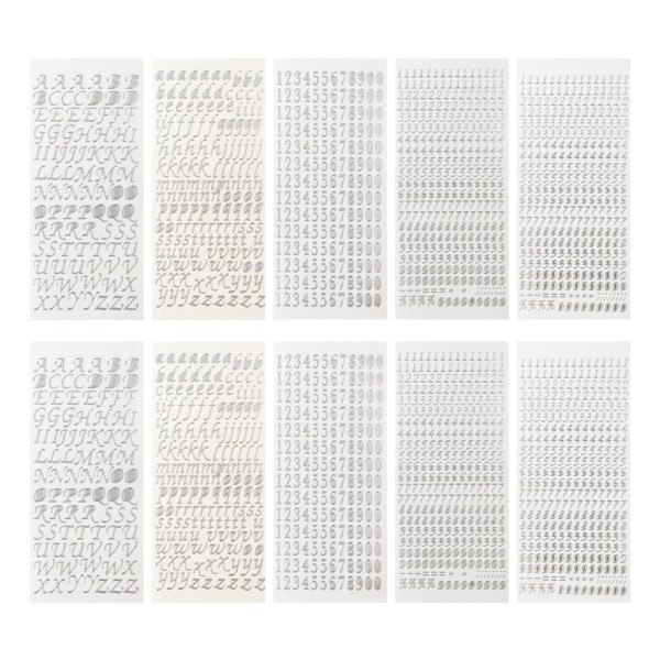 Sticker, Buchstaben und Zahlen, Perlmutt- und Spiegelfolie, versch. Designs, silber, 10 Bogen