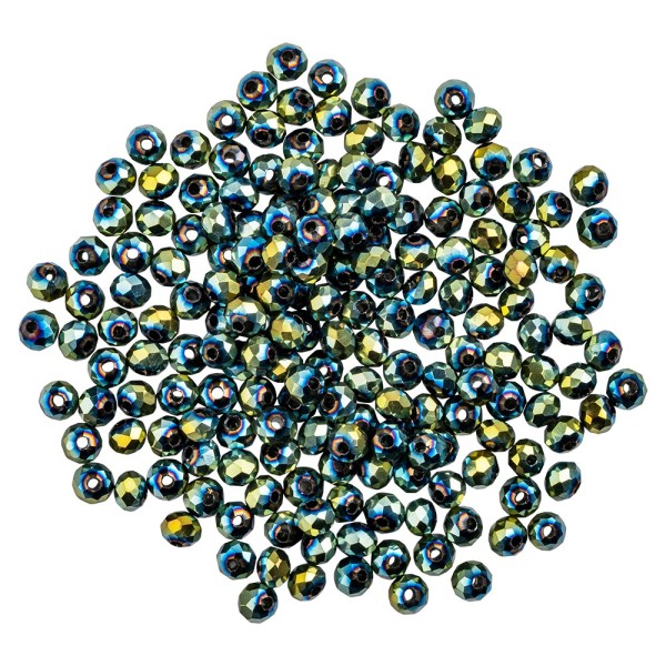 Perlen, rund, Ø 4mm, facettiert, grünblau-changierend, metallic, 180 Stück