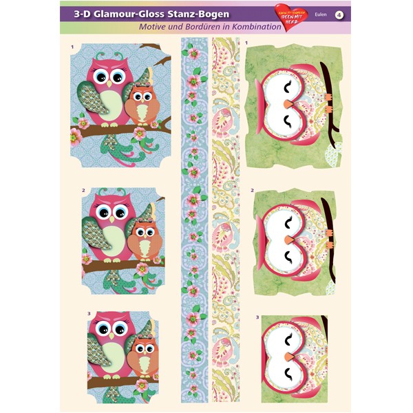 3-D GlamourGloss Bogen, Eulen, DIN A4, Motiv 4
