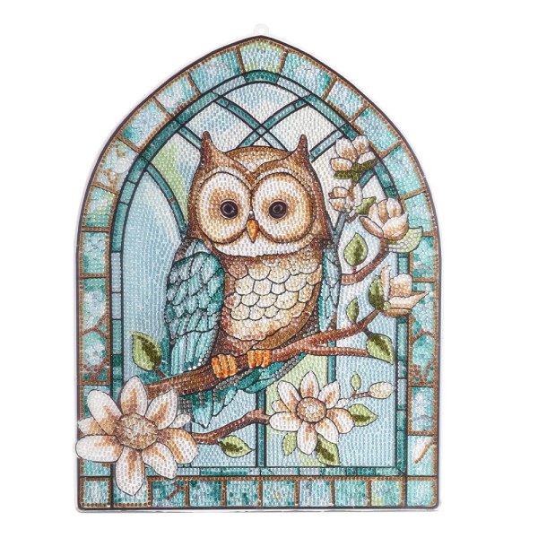 Diamond-Painting-Fensterbild, Glaskunst-Optik, XL, Eule auf Ast, 26,4cm x 35,5cm, 500µ