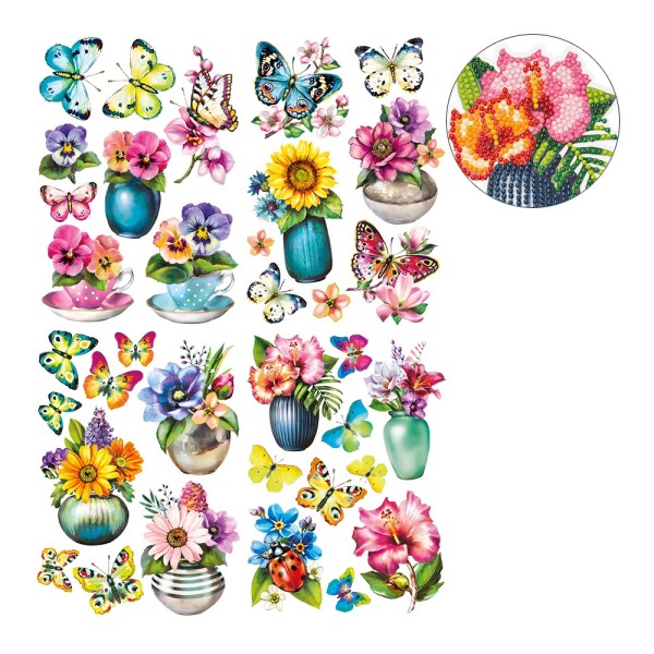 Diamond-Painting-Sticker, Blüten & Schmetterlinge, DIN A4, inkl. Schmucksteine, 4 Bogen