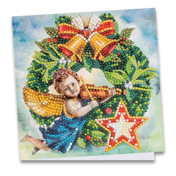 Diamond-Painting-Grußkarte, Weihnachtskranz mit Engel, 16cm x 16cm, inkl. Zubehör