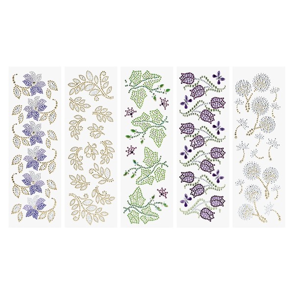 Strass-Ornamente, Blumen & Blätter, mehrfarbig, teilweise mit Veredelung, 5 Bogen
