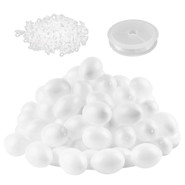 Kunststoff-Eier mit Loch, 6cm hoch, Ø 4,5cm, weiß, inkl. Nylonband und Ösen, 100 Stück