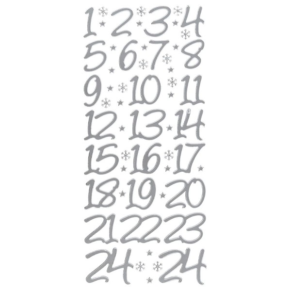 Sticker, Adventskalender-Zahlen, Perlmuttfolie, silber