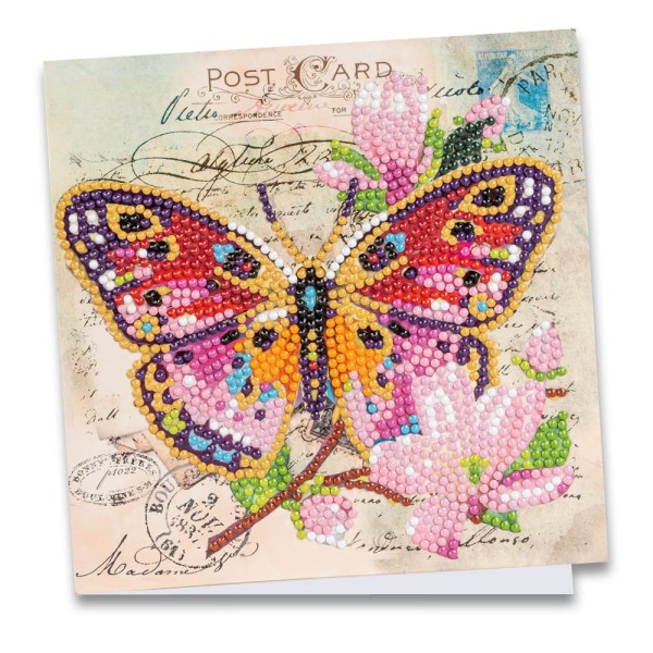 Diamond-Painting-Grußkarte, Pinker Schmetterling mit Blüten, 16cm x 16cm, inkl. Zubehör