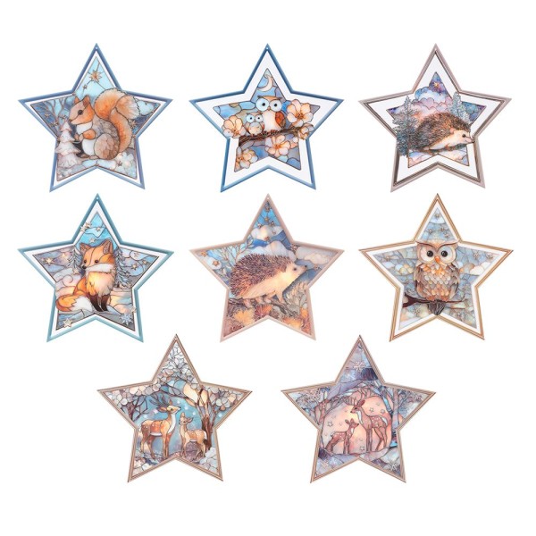 Motiv-Windradfolien, Perlmutt-Mosaik-Optik, Sterne, Waldtiere, 23,8cm x 24,9cm,, 8 Designs, 8 Stück