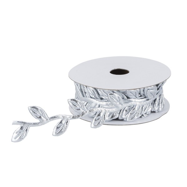 Stoffband Blätter, metallic, 2,3cm beit, 5m lang, silber