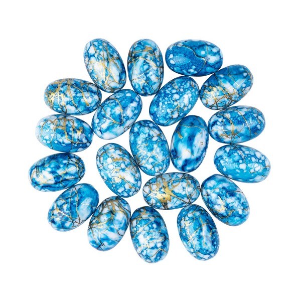 Perlen, oval, glänzend, 1,7cm x 1,2cm, Türkis-Optik, marmoriert mit Gold-Struktur, 20 Stück