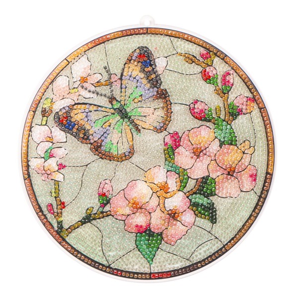 Diamond-Painting-Fensterbild, Glaskunst-Optik, Schmetterling mit Blüten 2, Ø 19,5cm