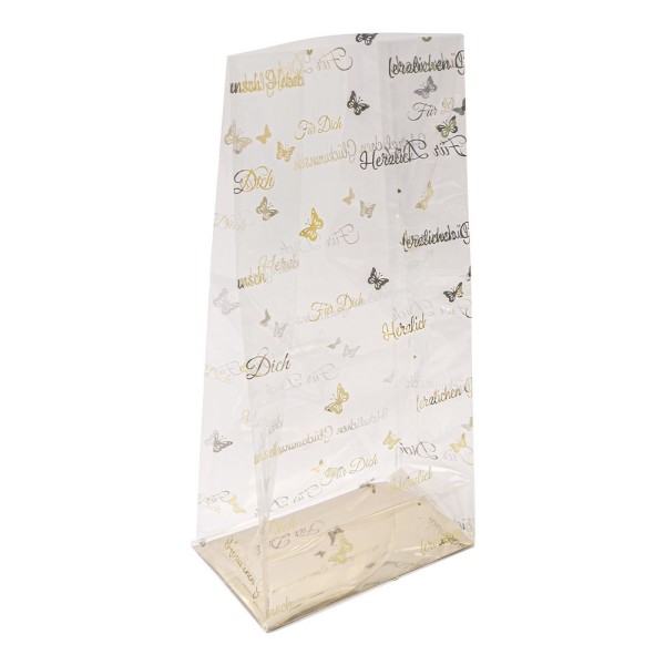 Blockbodenbeutel, Herzlichen Glückwunsch, 14cm x 9cm, 30cm hoch, mit Goldfoliendruck, 30 Stück