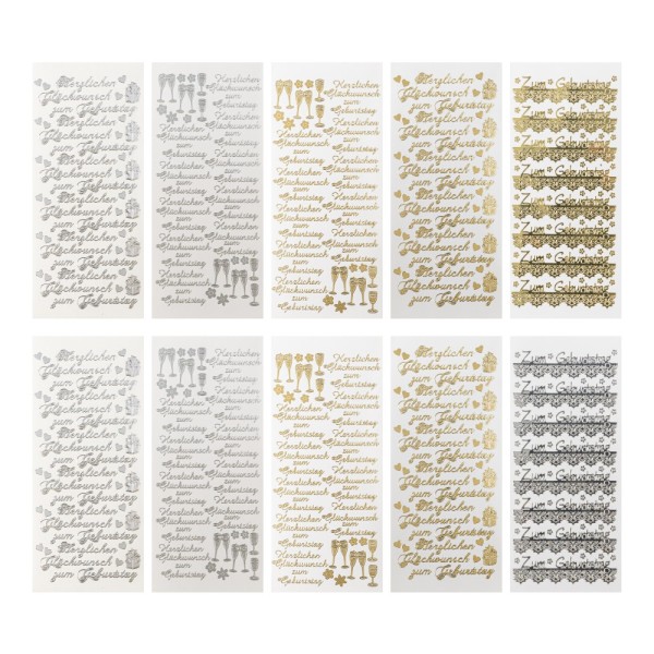 Sticker, Glückwünsche 1, Perlmutt- und Spiegelfolie, gold und silber, 5 Designs, 10 Bogen