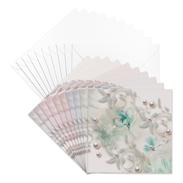 Motiv-Grußkarten & Umschläge, Blüten & Perlen, 16cm x 16cm, 5 verschiedene Farben, 20-teilig