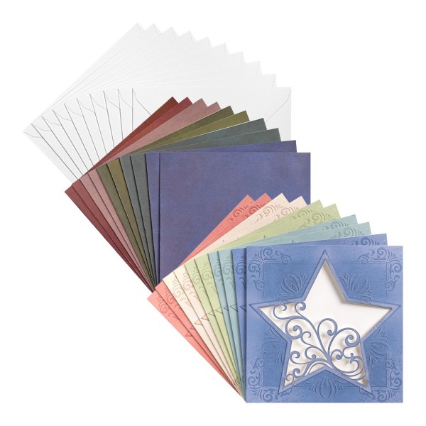 Laser-Grußkarten, Stern, mit Einlegern, 16cm x 16cm, 5 Farben, inkl. Umschläge, 30teilig
