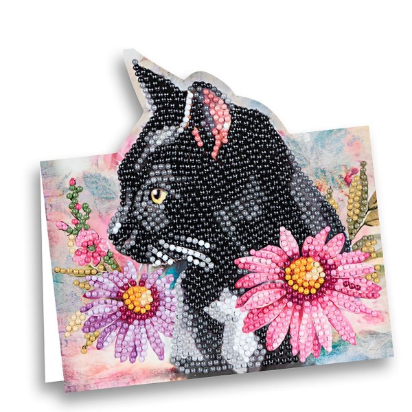 Diamond-Painting-Aufstellkarte, Katze mit Blumen, 16,3cm x 16cm, inkl. Zubehör