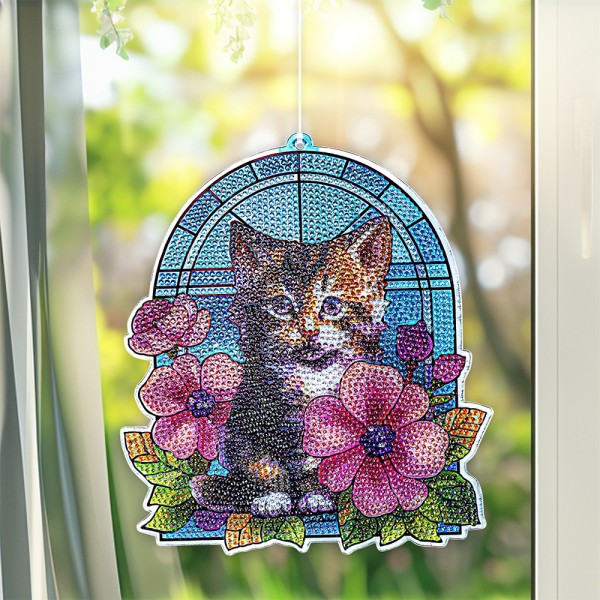 GHHKUD Diamond Painting Fensterbild Katze - Beidseitiger DIY Diamant Anhänger