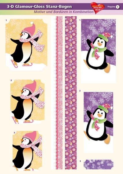 3-D GlamourGloss Bogen, Pinguine, DIN A4, Motiv 1