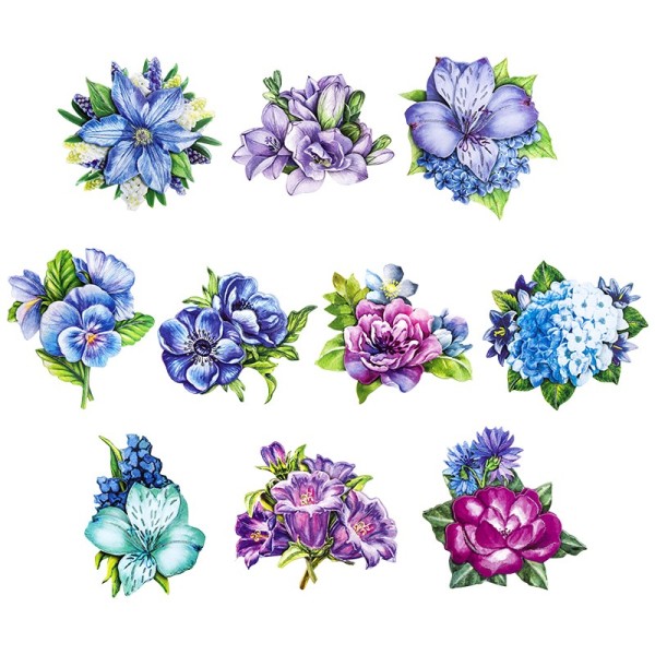 3-D Motive, Blumen in Blau-Violett, 6,5-9,5cm, 10 Motive