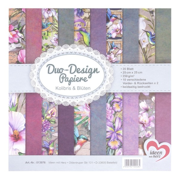 Duo-Design-Papiere, Kolibris & Blüten, beidseitig bedruckt, 25cm x 25cm, 250g/m², 20 Blatt