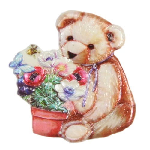 Wachsornament Teddy mit Blumenvase, farbig, geprägt, 7,5 x 7,5 cm