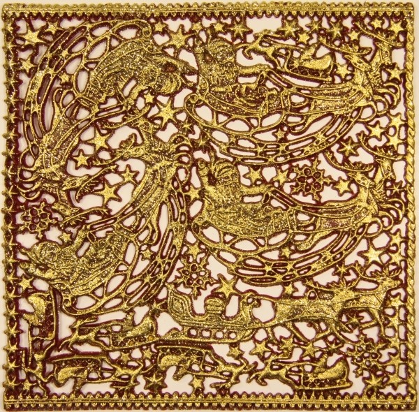 Wachsornament-Platte Rentierschlitten, 16 x 16 cm, bordeaux