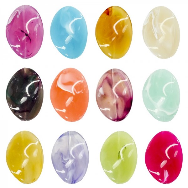Oval-Perlen, gedreht, marmoriert, 3,5 cm, 12 verschiedene Farben