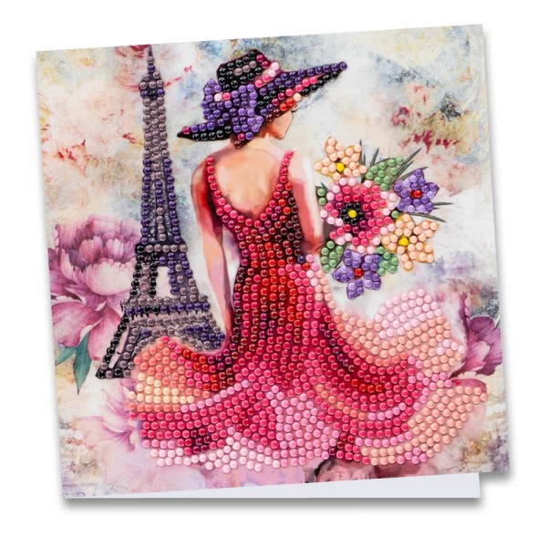 Diamond-Painting-Grußkarte, Damenmotiv mit Eiffelturm, 16cm x 16cm, inkl. Zubehör