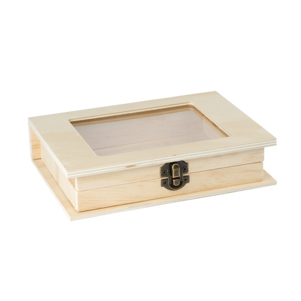 Box mit Sichtfenster, Holz, rechteckig, 20cm x 14cm x 4,5cm