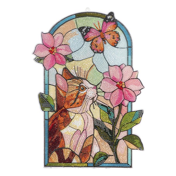 Diamond-Painting-Fensterbild, Glaskunst-Optik, XL, Katze mit Blume, 25,6cm x 35,6cm, 500µ