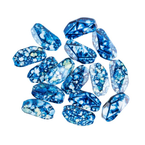 Perlen, Naturstein-Form, 3,1cm x 1,6cm, blau/weiß/gelb marmoriert, mit Facetten, 15 Stück