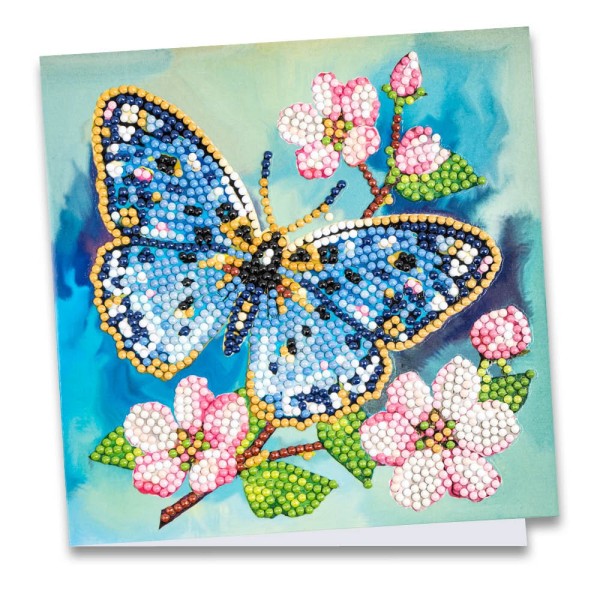 Diamond-Painting-Grußkarte, Blauer Schmetterling mit Blüten, 16cm x 16cm, inkl. Zubehör
